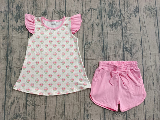 ( No moq ) Preorder Baby Girls Short Sleeves Flowers Bows Tops Pink Pockets Shorts Set