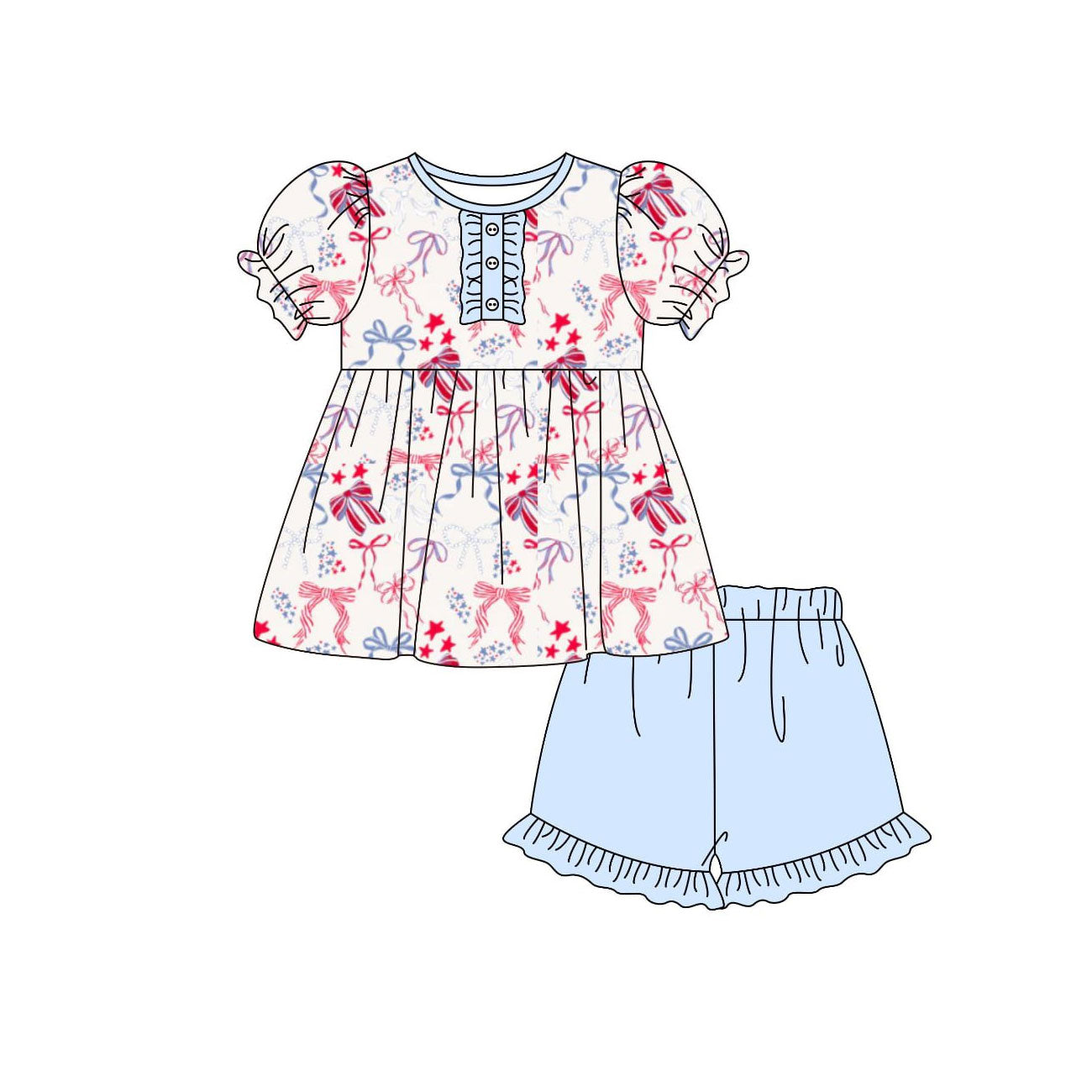 ( Moq 5 ) Preorder Baby Girls Short Sleeves Bows Stars Tunic Blue Shorts 4th of July Clothes Set