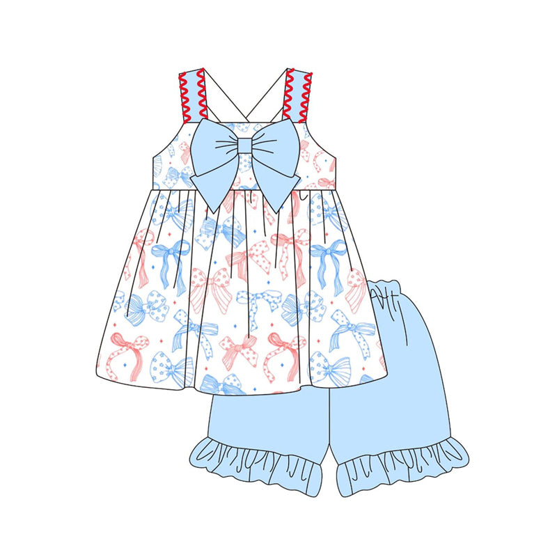 ( Moq 5 ) Preorder Baby Girls Straps Bows Stars Tunic Blue Shorts 4th of July Clothes Set
