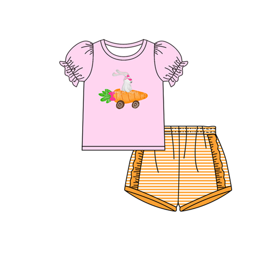 ( Moq 5 ) Preorder Baby Girls Rabbit Carrot Buttons Pink Shirt Stripes Ruffle Shorts Easter Set