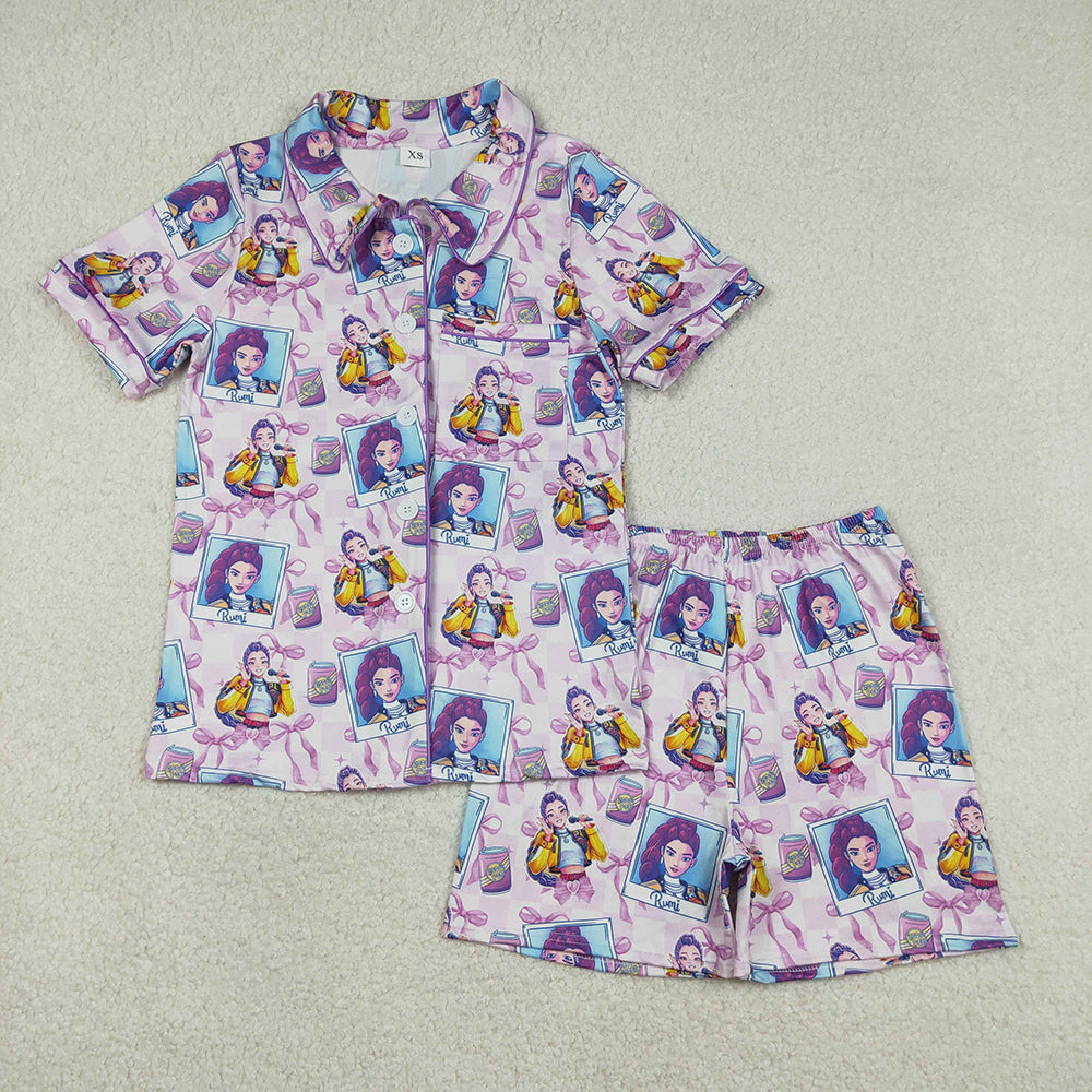 Sibling Baby Girls Adult Women Short Sleeves Singer Characters Purple Bows Dress Family Pajamas Set RTS