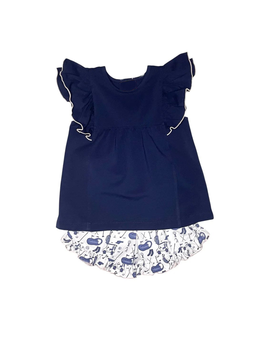 ( Moq 5 ) Preorder Baby Girls Short Sleeves Navy Tops Golf Shorts Summer Clothes Set