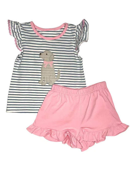 ( Moq 5 ) Preorder Baby Girls Stripes Short Sleeves Dog Tops Pink Ruffle Shorts Clothes Set