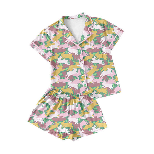 ( Moq 5 ) Preorder Adult Women Short Sleeves Rabbits Camo Shirt Short Easter Pajamas Buttons Set