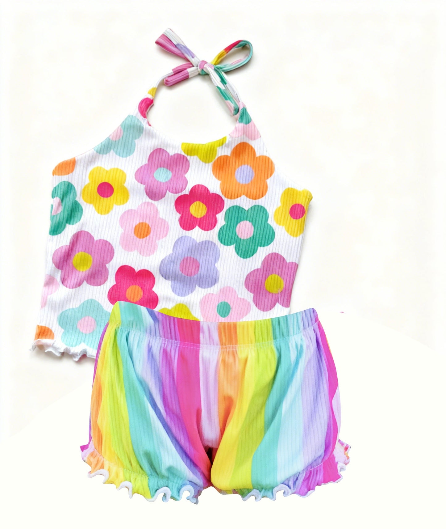 ( Moq 5 ) Preorder Baby Girls Halter Flower Tops Colorful Strips Shorts Clothes Set