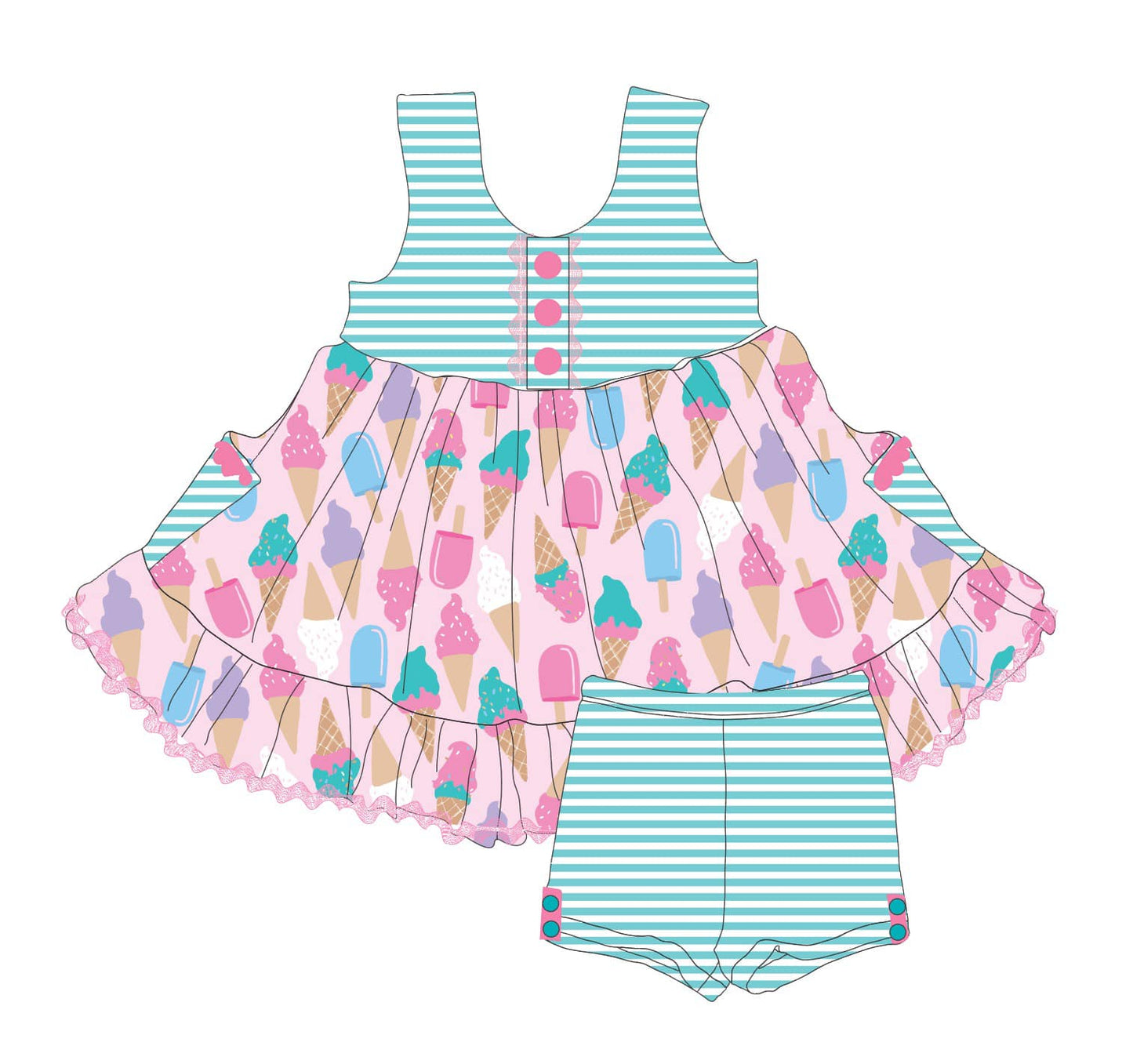 ( Moq 5 ) Preorder Baby Girls Sleeveless Popsicles Buttons Tunic Shorts Clothes Set
