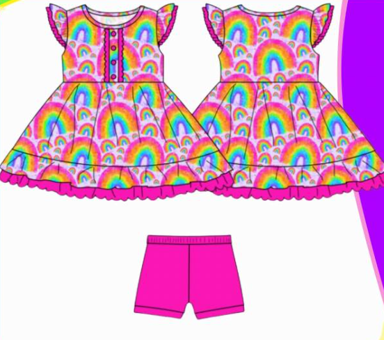 ( Moq 5 ) Preorder Baby Girls Short Sleeves Rainbows Buttons Tunic Pink Shorts Clothes Set