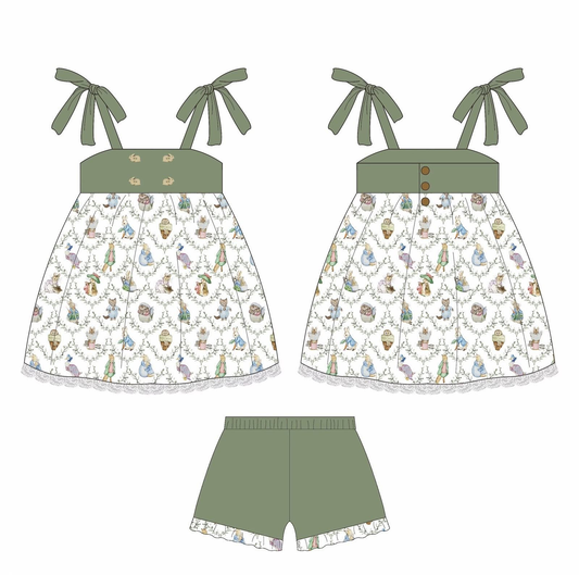 ( Moq 5 ) Preorder Baby Girls Straps Rabbits Tunic Green Shorts Easter Clothes Set