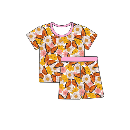 ( Moq 5 ) Preorder Baby Girls Short Sleeves Butterfly Flower Shirt Shorts Pajamas Set