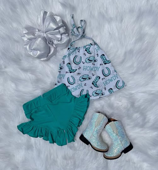 ( Moq 5 ) Preorder Baby Girls Halter Boots Howdy Tunic Ruffle Shorts Western Clothes Set