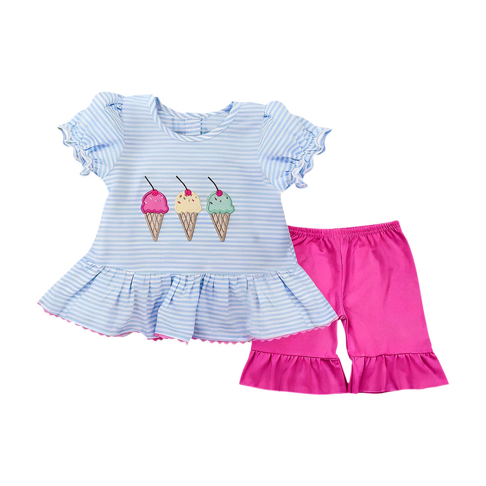 ( Moq 5 ) Preorder Baby Girls Short Sleeves Popsicles Stripes Tunic Pink Ruffle Shorts Summer Set