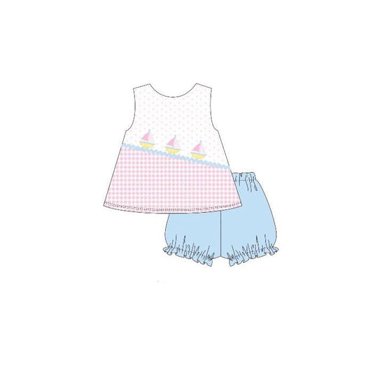 ( Moq 5 ) Preorder Baby Girls Short Sleeves Boats Dots Tops Blue Shorts Clothes Set