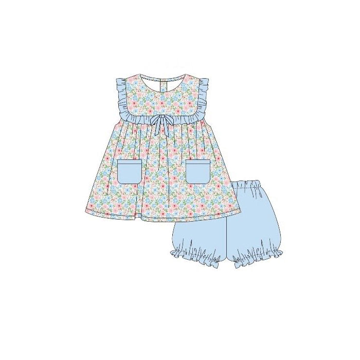 ( Moq 5 ) Preorder Baby Girls Kids Floral Pockets Tunic Blue Ruffle Shorts Clothes Set