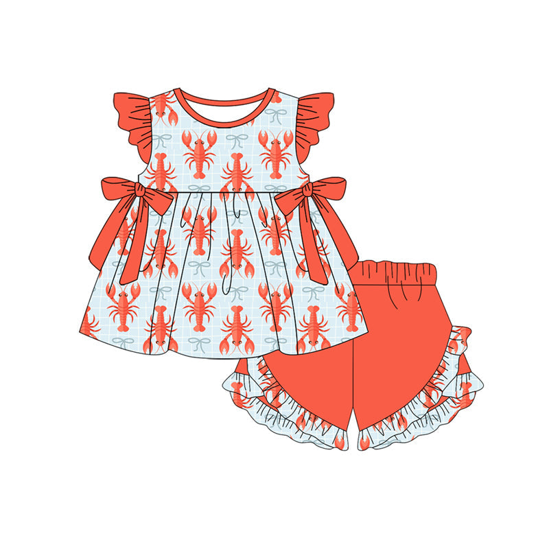 ( Moq 5 ) Preorder Baby Girls Short Sleeves Crayfish Bows Tunic Ruffle Shorts Set