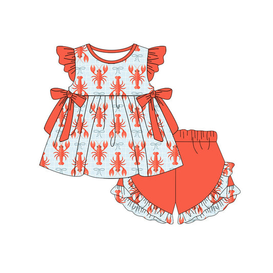 ( Moq 5 ) Preorder Baby Girls Short Sleeves Crayfish Bows Tunic Ruffle Shorts Set