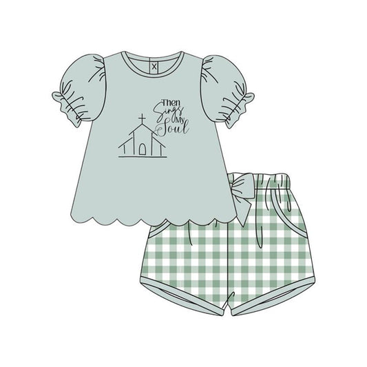 ( Moq 5 ) Preorder Baby Girls Short Sleeves Church Tops Green Plaid Pockets Bow Shorts Set