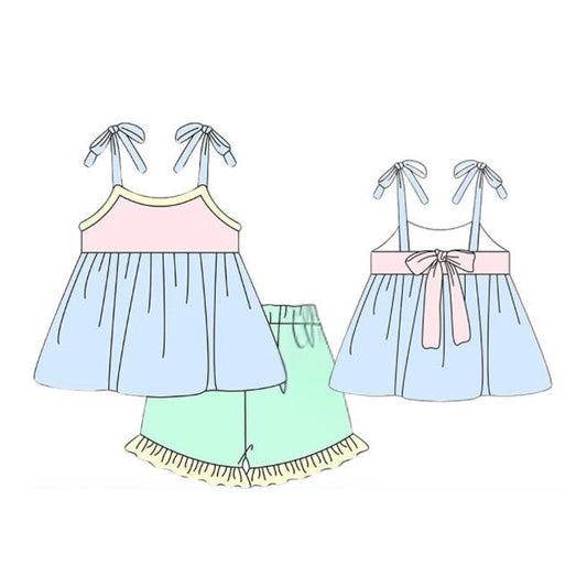 ( Moq 5 ) Preorder Baby Girls Sleeveless Colorful Tops Ruffle Shorts Clothes Set