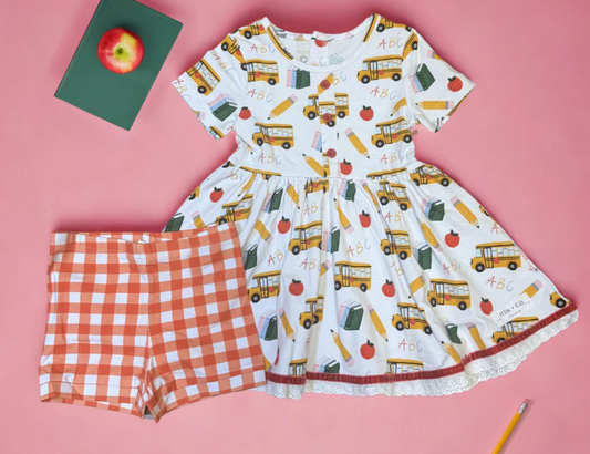 ( Moq 5 ) Preorder Baby Girls Short Sleeves Pencil Bus Tunic Plaid Shorts Back to School Clothes Set