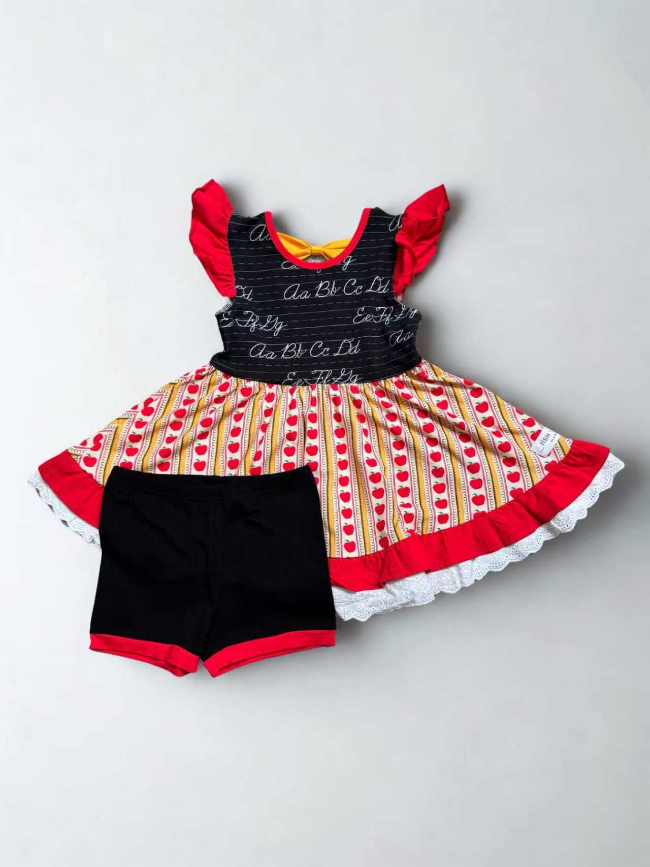 ( Moq 5 ) Preorder Baby Girls Short Sleeves Pencil Apple Tunic Black Shorts Back to School Set