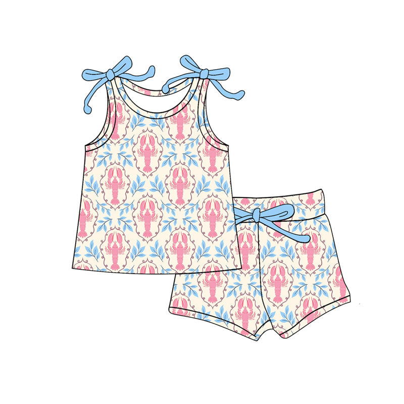 ( Moq 5 ) Preorder Baby Girls Kids Sleeveless Crawfish Bows Tops Shorts Clothes Set RTS