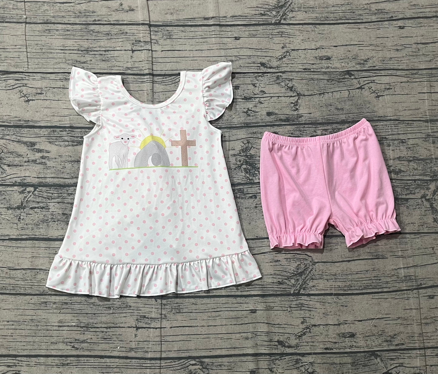 Baby Girls Kids Short Sleeves Cross Dots Bows Tunic Pink Shorts Easter Clothes Set RTS