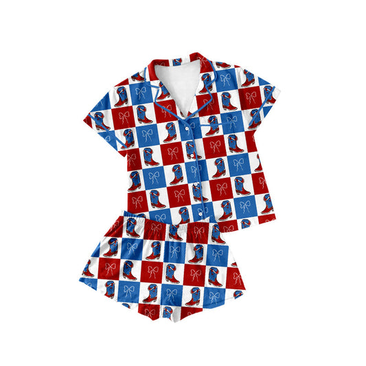 ( Moq 5 ) Preorder Baby Girls Short Sleeves Bows Boots Buttons Shirt Shorts 4th of July Pajamas Set
