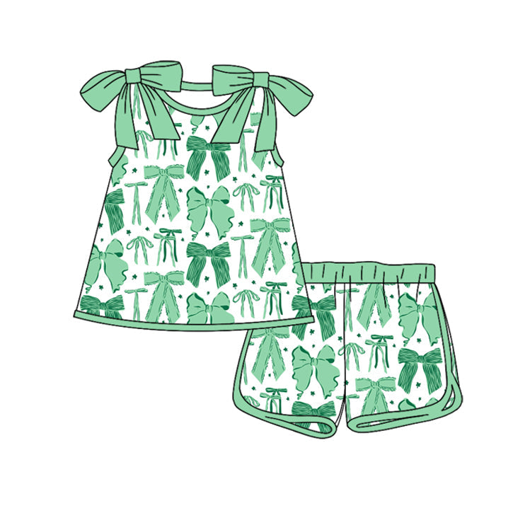 ( Moq 5 ) Preorder Baby Girls Kids Green Bows Clovers Tops Shorts St Patrick Clothes Set