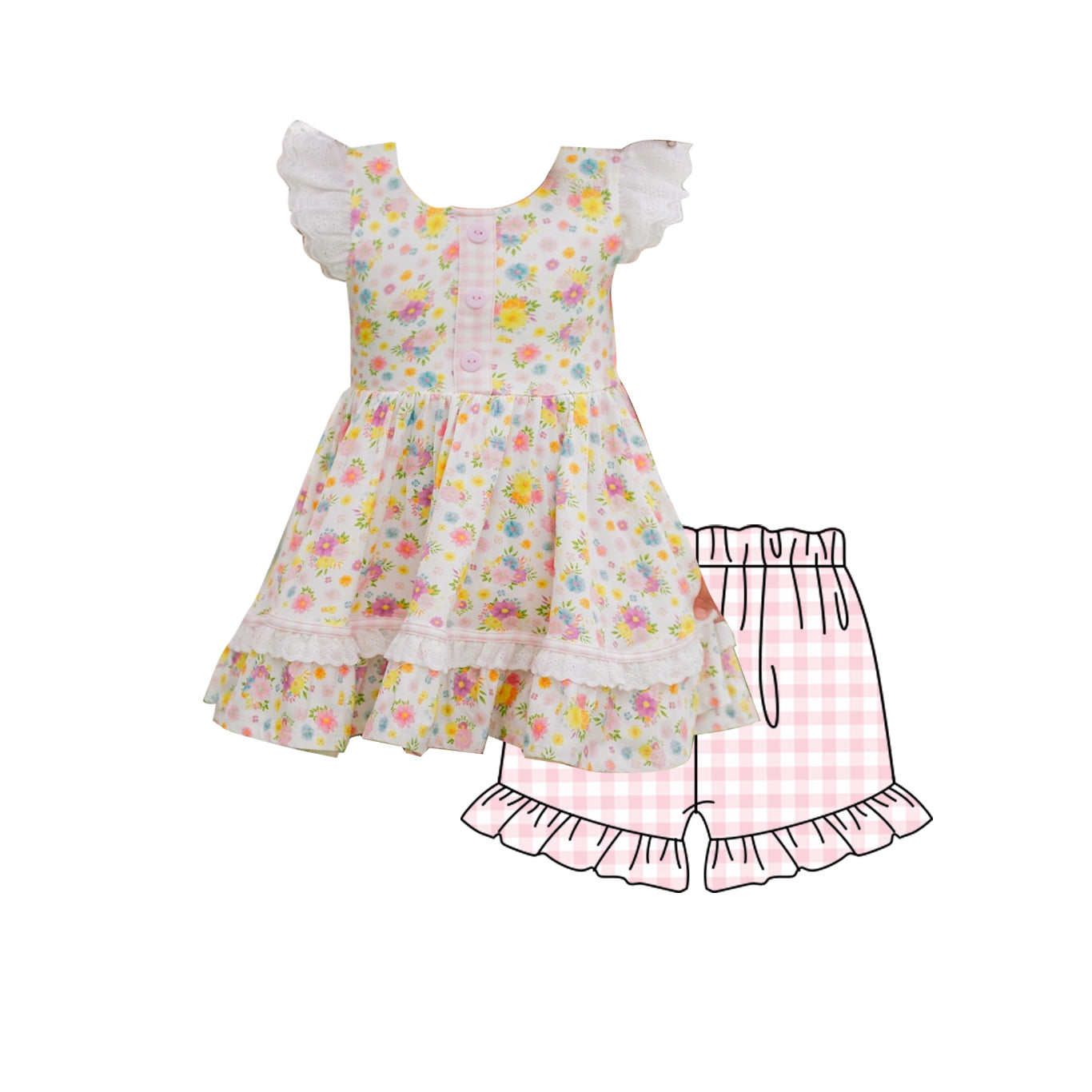 ( Moq 5 ) Preorder Baby Girls Short Sleeves Flowers Tunic Pink Plaid Ruffle Shorts Clothes Set