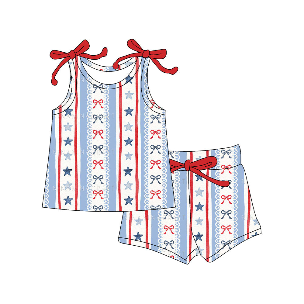 ( Moq 5 ) Preorder Baby Girls Sleeveless Bows Stars 4th of July Tops Shorts Set