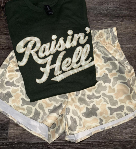 ( Moq 5 ) Preorder Adult Women Short Sleeves Black Shirt Camo Shorts Clothes Set
