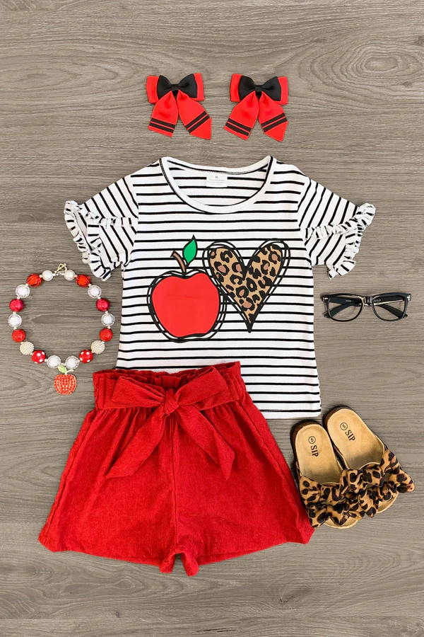 ( Moq 5 ) Preorder Baby Girls Apple Leopard Heart Stripes Tops Red Shorts Back to School Clothes Set
