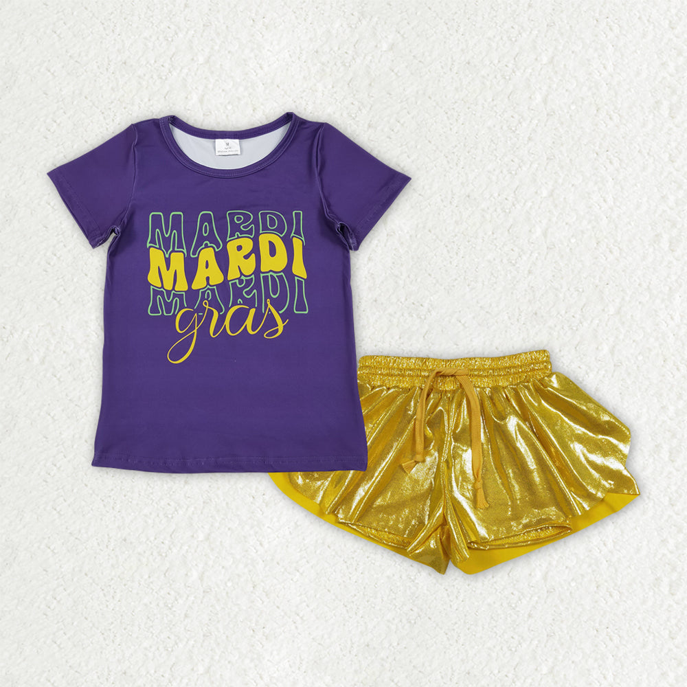 Sibling Baby Girls Short Sleeves Mardi Gras Shirts Ruffle Shorts Sets Clothes RTS