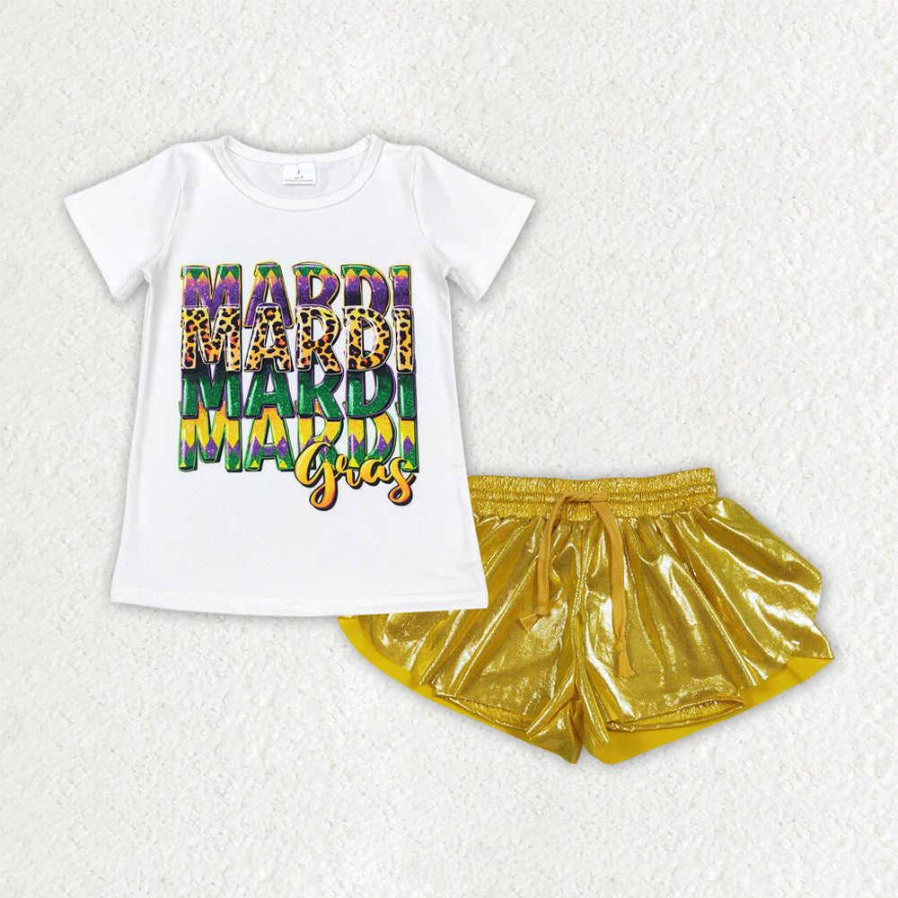 Sibling Baby Girls Short Sleeves Mardi Gras Shirts Ruffle Shorts Sets Clothes RTS