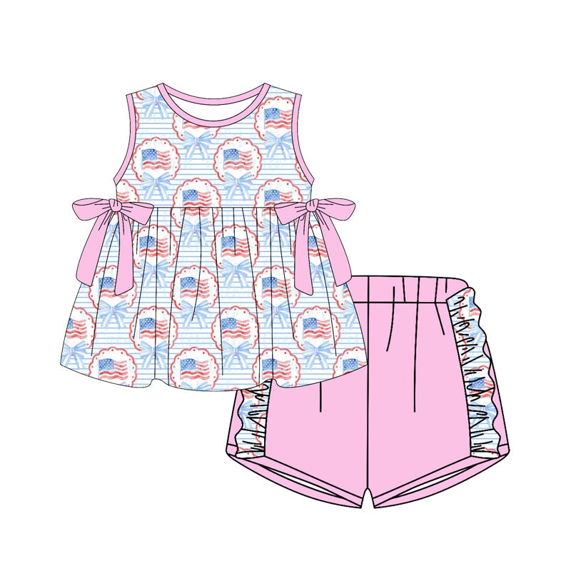 ( Moq 5 ) Preorder Baby Girls Sleeveless Flags Bows Tops Pink Ruffle Shorts 4th of July Clothes Set