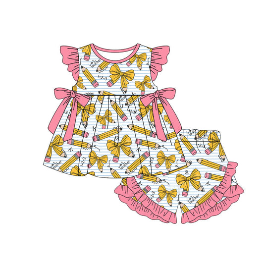 ( Moq 5 ) Preorder Baby Girls Short Sleeves Pencils Bows Tops Ruffle Shorts Back to School Clothes Set