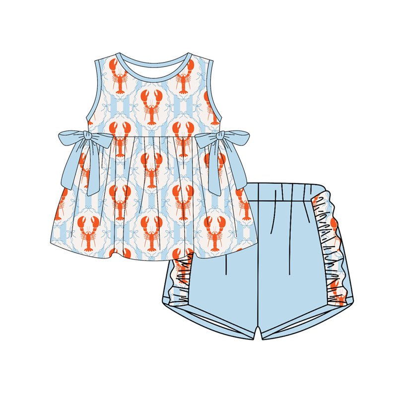( Moq 5 ) Preorder Baby Girls Kids Sleeveless Bows Crayfish Tops Ruffle Blue Shorts Clothes Set