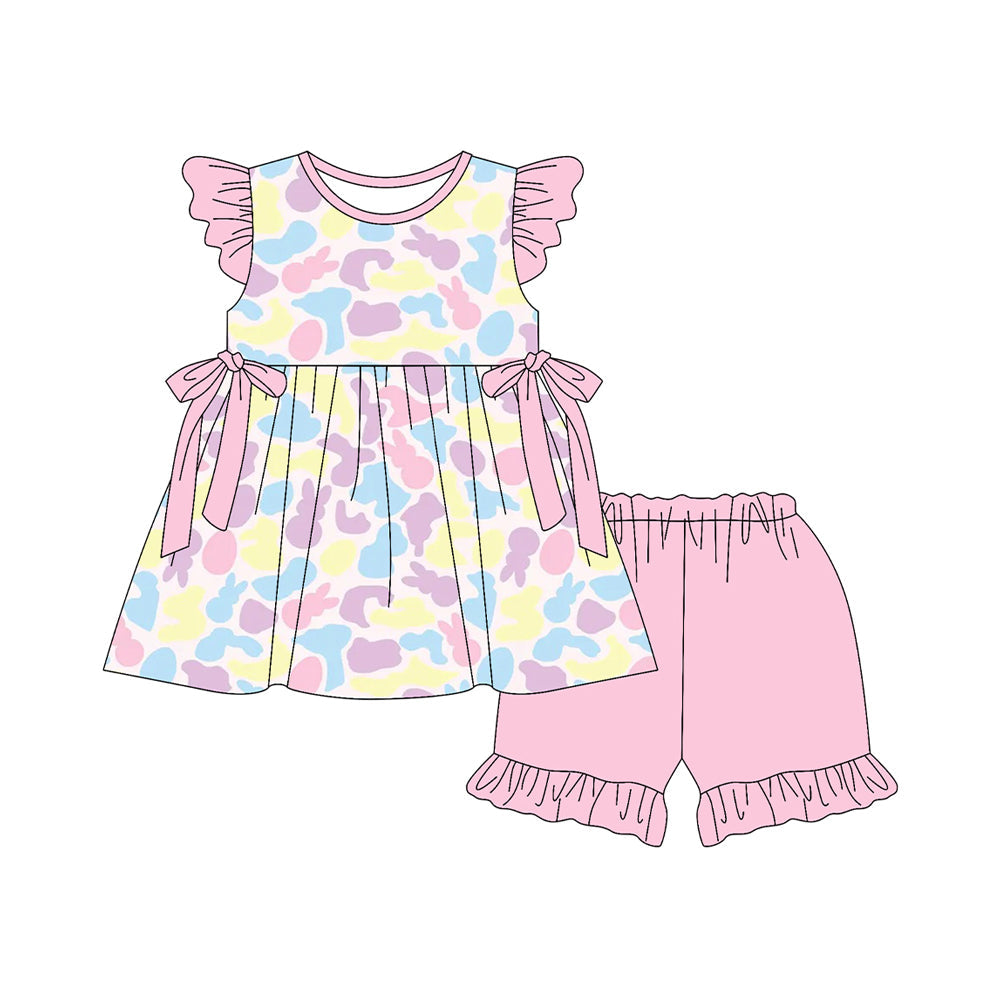 ( Moq 5 ) Preorder Baby Girls Kids Short Sleeves Rabbits Camo Bows Tunic Ruffle Shorts Easter Set