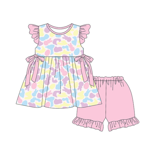 ( Moq 5 ) Preorder Baby Girls Kids Short Sleeves Rabbits Camo Bows Tunic Ruffle Shorts Easter Set