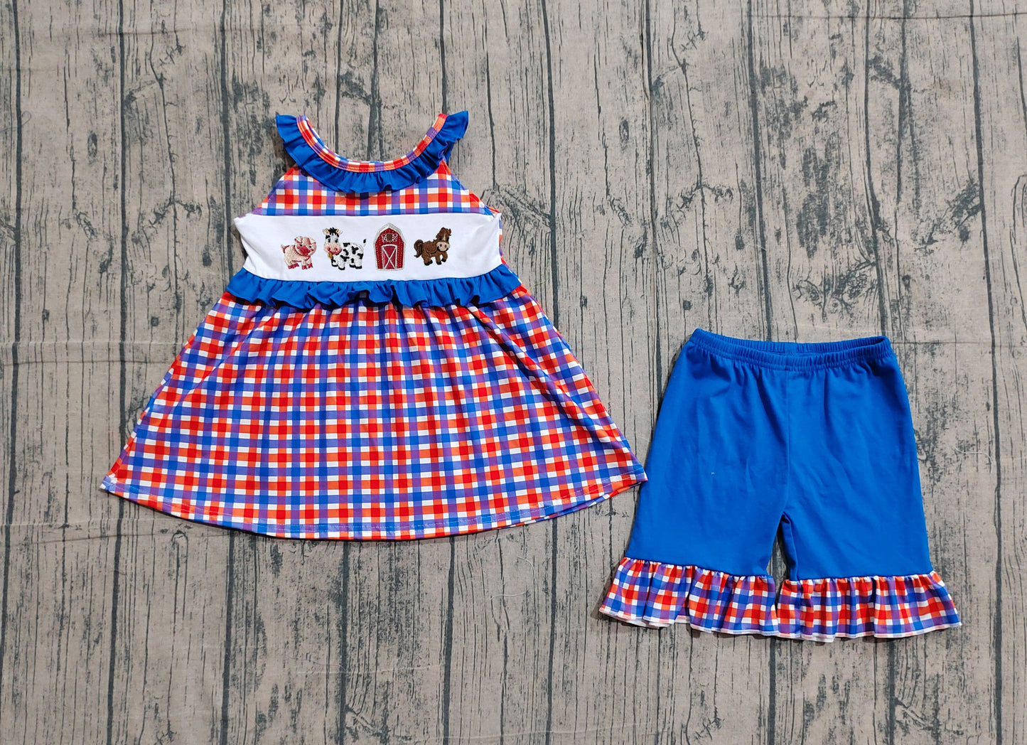 ( No moq ) Preorder Baby Girls Embroidery Farm Animals Plaid Tops Shorts 4th of July Clothes Set