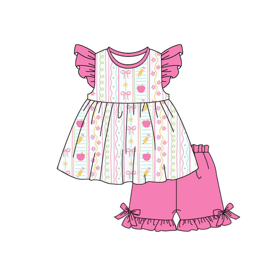 ( Moq 5 ) Preorder Baby Girls Pencil Apple Bows Flower Tunic Pink Shorts Back to School Clothes Set