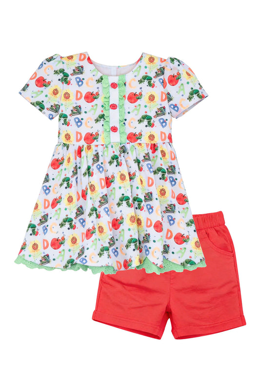 ( Moq 5 ) Preorder Baby Girls Short Sleeves Apples ABC Tops Red Shorts Back to School Clothes Set