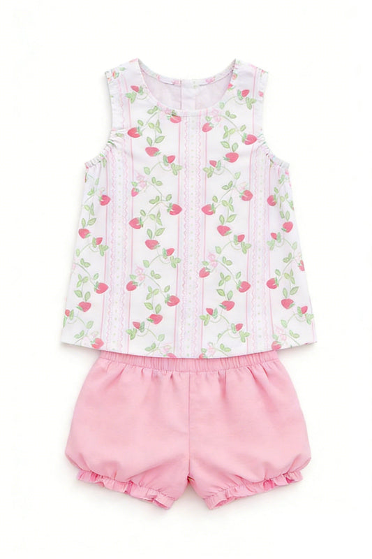 ( Moq 5 ) Preorder Baby Girls Sleeveless Strawberry Tops Pink Shorts Clothes Set