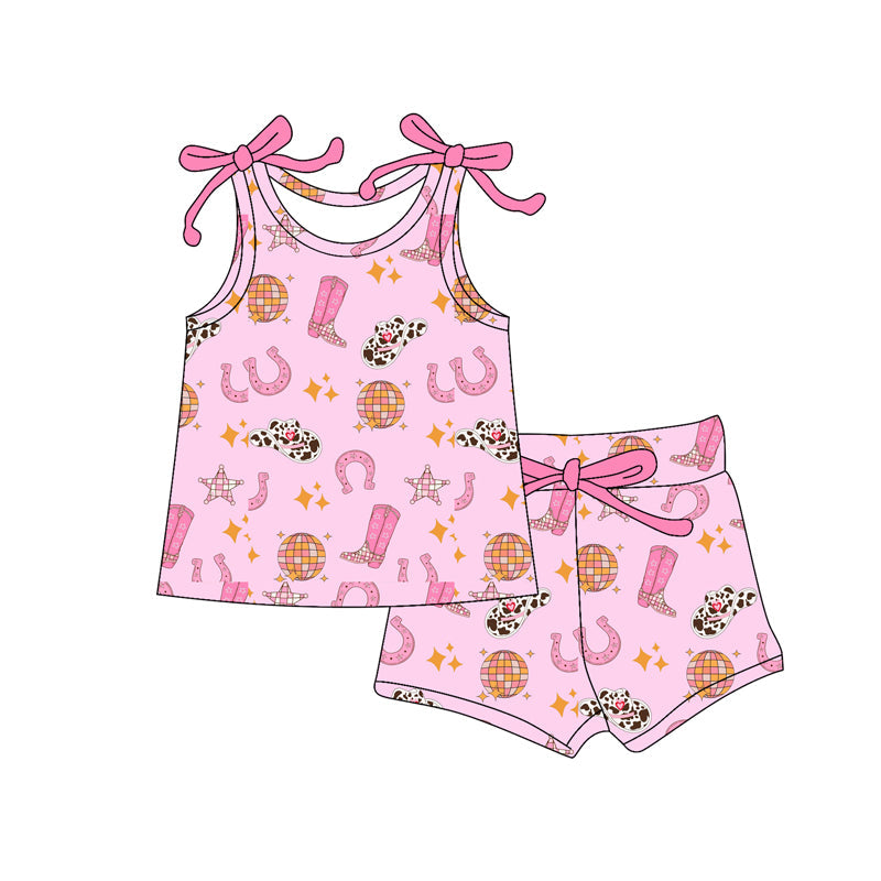 ( Moq 5 ) Preorder Baby Girls Straps Western Hats Boots Tops Shorts Summer Clothes Pink Set