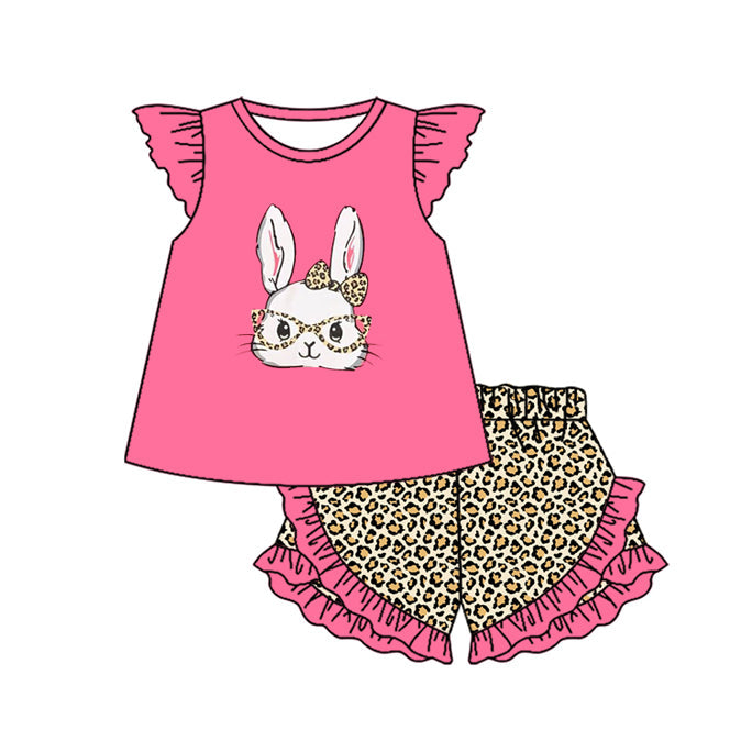 ( Moq 5 ) Preorder Baby Girls Short Sleeves Rabbit Tops Leopard Ruffle Shorts Easter Clothes Set