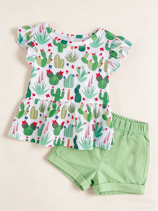 ( Moq 5 ) Preorder Baby Girls Short Sleeves Cactus Tops Green Shorts Western Clothes Set
