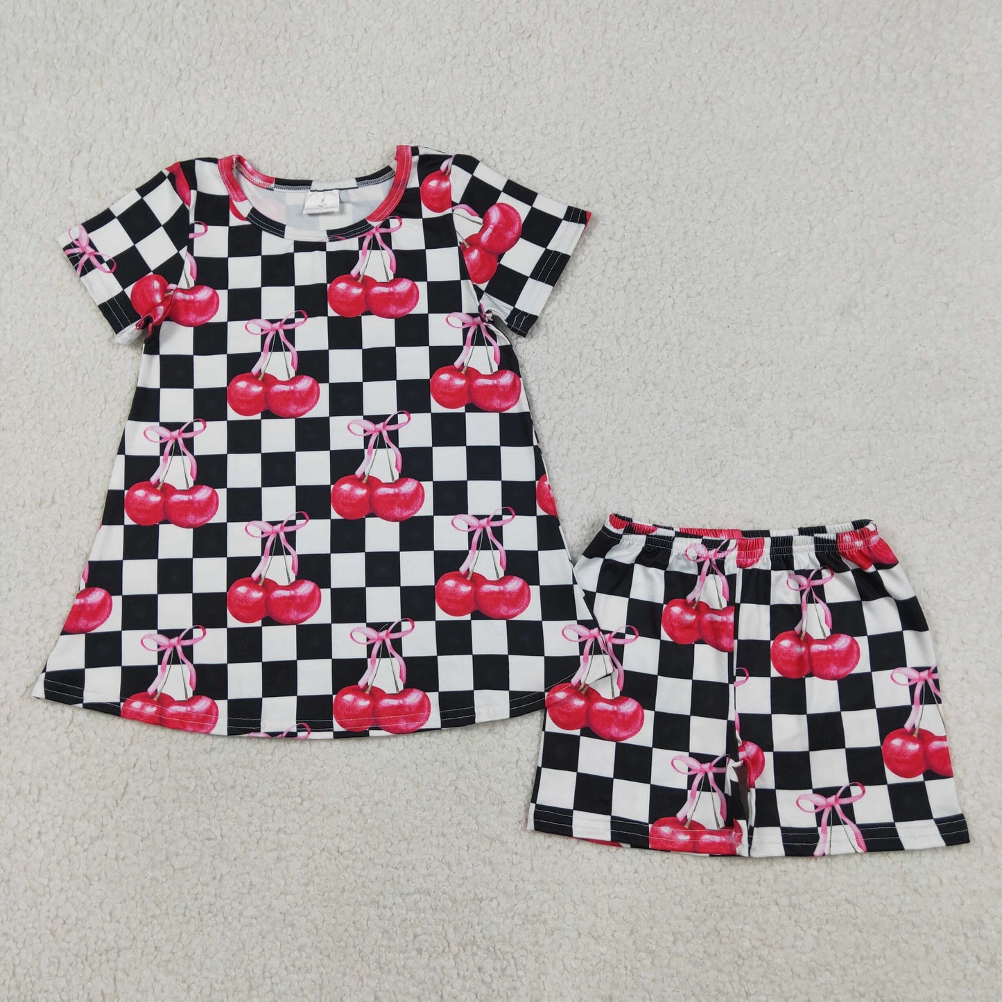 Sibling Baby Girls Kids Cherry Black Checked Romper Set Summer Clothes RTS