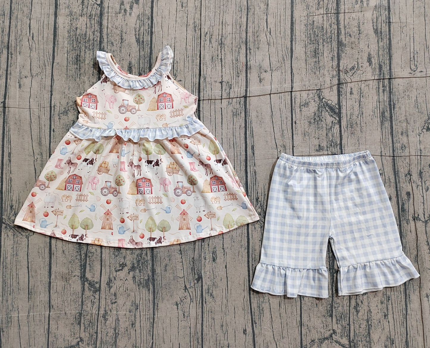 Baby Girls Kids Farm Animals Ruffle Tops Blue Plaid Shorts Clothes Set RTS