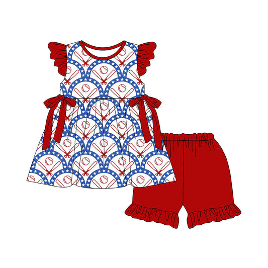 ( Moq 5 ) Preorder Baby Girls Short Sleeves Baseball Stars Red Bows Tops Shorts 4th of July Set