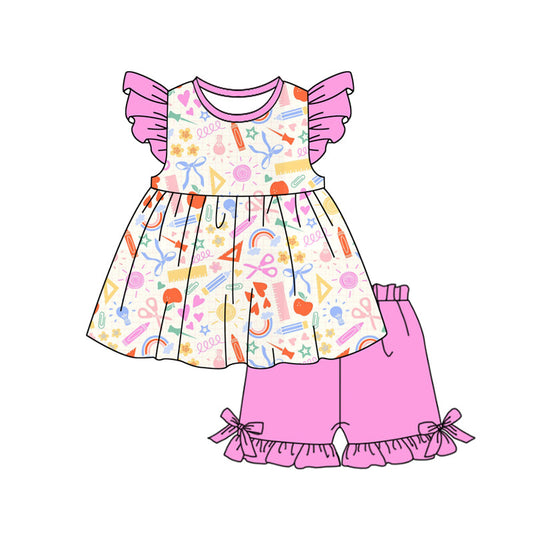 ( Moq 5 ) Preorder Baby Girls Short Sleeves Pencils Hearts Tunic Pink Shorts Back to School Clothes Set