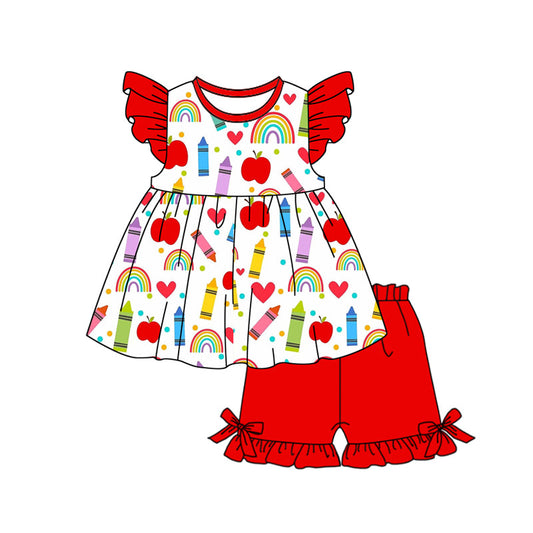 ( Moq 5 ) Preorder Baby Girls Short Sleeves Apple Hearts Tunic Red Shorts Back to School Clothes Set